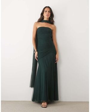 LACE & BEADS Tulle Strapless Ruched Scarf Detail Maxi Dress - Green
