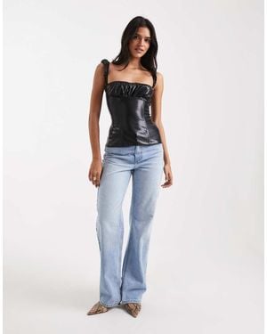 WeWoreWhat Leather Look Ruched Cup Corset Top - Black