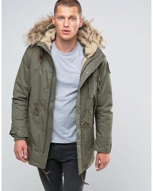Schott Nyc M51 Fishtail Parka Fleece Lined Hood With Detachable Faux Fur Trim - Green