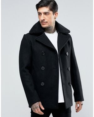 Schott Nyc Cyclone Wool Peacoat Detachable Borg Collar - Black