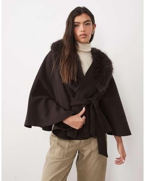 Gina Tricot Faux Fur Collar Cape With Belt - Brown