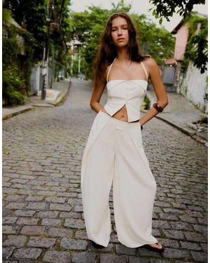 Bershka Wide-leg Rustic Pleated Trousers - Grey