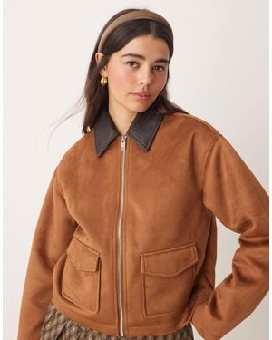 Miss Selfridge Faux Suede Contrast Collar Barn Jacket - Brown