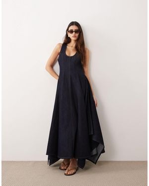 ARRANGE Drop Neck Denim Pleated Hanky Hem Maxi Dress - Blue