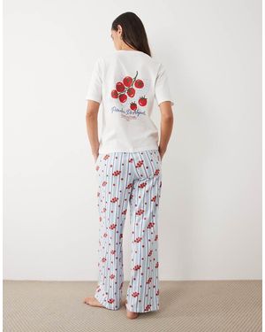 Threadbare Pigiama Blu Con Stampa Di Pomodori E Pantaloni A Righe - Bianco
