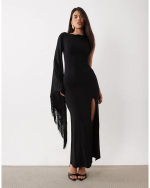 ASOS One-shoulder-slinky-maxikleid mit fransen-detail und schlitz - Schwarz