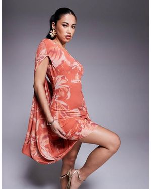 ASOS Printed Mesh exaggerated Drape One Shoulder Mini Dress - Orange