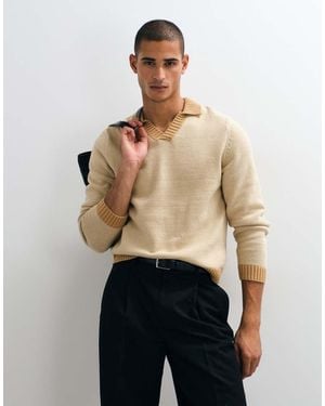 ASOS Relaxed Knitted Notch Neck Long Sleeved Jumper - Natural