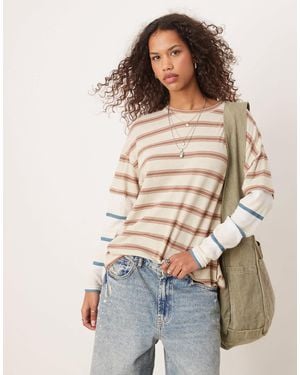 Free People Striped Oversized Long Sleeve T-Shirt - Natural