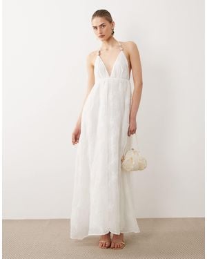 SNDY'S Linen Look Textured Floral Bead Detail Plunge Halterneck Maxi Dress - Natural
