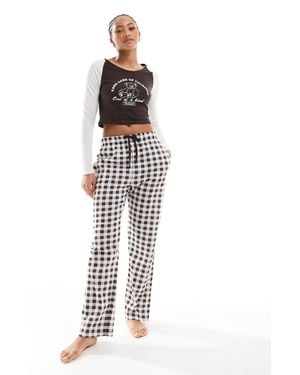 Brave Soul Cropped Long Sleeve T-shirt And Wide Leg Check Pants Lounge Set - White