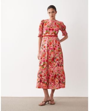 Hope & Ivy Robe rétro mi-longue avec nœud dans le dos - fleuri - Rouge