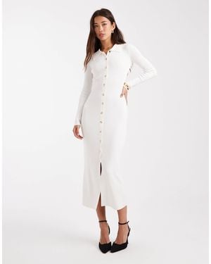 4th & Reckless Ribbed Knit Gold Button Up Collared Maxi Dress - White