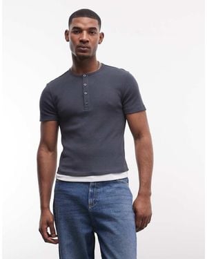 Collusion Henley Double Layer Short Sleeve T-shirt - Blue