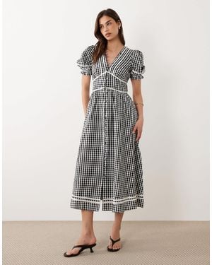 Nobody's Child Saffy V-Neck Puff Sleeve Midi Dress - Gray