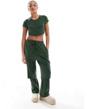 Brave Soul Ribbed Cropped T-shirt And Wide Leg Trouser Lounge Set - Green