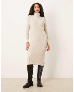 Y.A.S Vestido Midi Color Crema Con Cuello Vuelto De Canalé Premium De -Blanco - Neutro