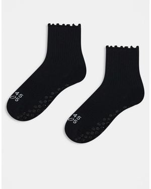 4505 2 Pack Non Slip Grip Lettuce Edge Pilates Crew Socks - Black