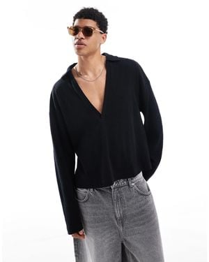 ASOS Oversized Boxy Long Sleeve Textured Deep V Neck Polo Shirt - Black