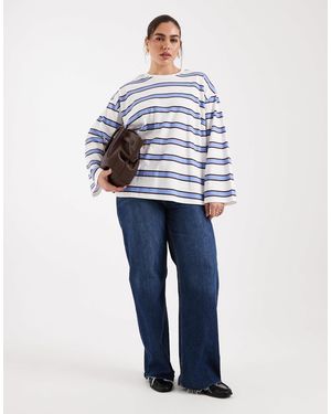 Pieces Plus Pieces Curve Oversized Rugby Stripe Long Sleeve T-shirt - Blue