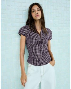 Bershka Short Sleeve Poplin Shirt With Bow - Purple
