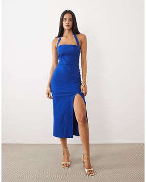 Vesper Bengaline Halterneck Thigh Split Midi Dress - Blue