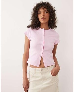 Miss Selfridge Geribbelde Top Met Korte Mouwen En Knoopsluiting - Roze