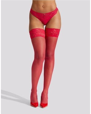 Ann Summers Lace Top Glossy Hold Ups - Red