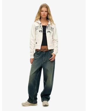 Superdry Athletic Essentials Relaxed Cropped Zip Hoodie - White