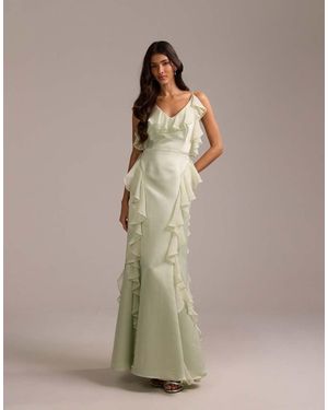 ASOS Bridesmaids Satin Chiffon Ruffle Maxi Dress With Godet Skirt - Natural