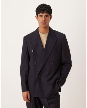 ASOS Relaxed Double Breasted Jacket With Subtle Woven Stripe - Blue