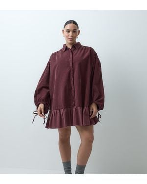 ASOS Asos Design Curve Hybrid Cord Mini Shirt Dress With Balloon Sleeves And Voile Hem - Red
