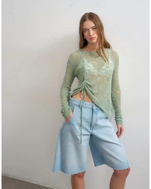 TOPSHOP Knitted Fine Long Sleeve Ruched Top - Green
