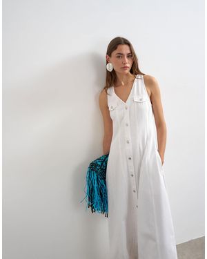 TOPSHOP Denim V Neck Button Through Maxi Dress - White