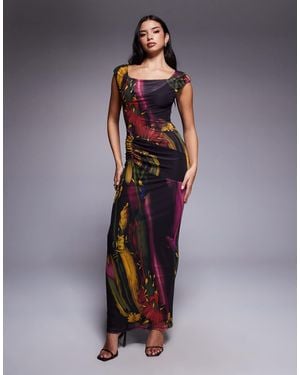 ASOS – netzstoff-midikleid mit dunklem, verschwommenem blumenprint, wasserfallausschnitt und schulterpolstern - Blau