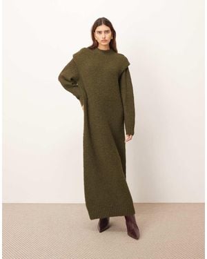 ARRANGE Rib Knitted Shoulder Pad Midi Dress - Green