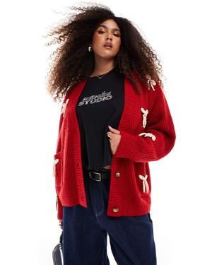 Renee Studio Plus X Michelle Nayla Exclusive Fluffy Bow Pocket Detail Knit Cardigan - Red