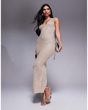 Wanderdoll Goldie Shimmery Knitted Plunge Neck Tie Cami Sleeve Maxi Dress - Grey