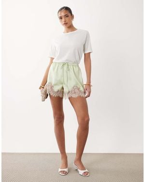 ASOS Satin Lace Trim Drawstring Waist Short - Natural