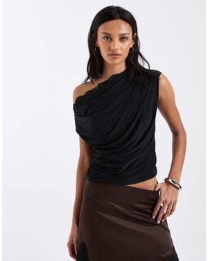 ASOS Slinky Lace Trim One Shoulder Top - Black