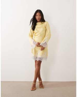 TFNC London Satin Slash Neck Long Sleeve Lace Detail Mini Dress - Natural