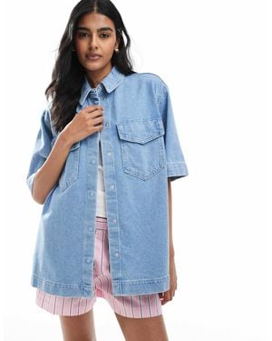 ONLY Short Sleeve Oversized Shirt With Front Pocket Detail - Blue