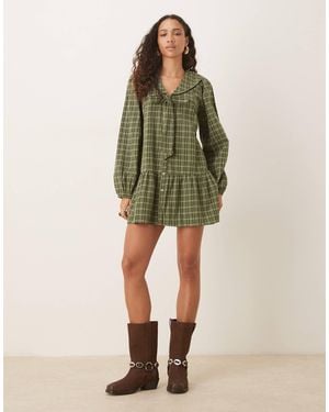 Neon Rose Bow Detail Check Mini Smock Dress - Green