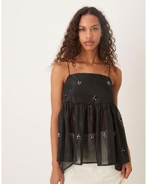 Sister Jane Lola Semi Sheer Bow Back Detail Babydoll Cami Top Co-ord - Black