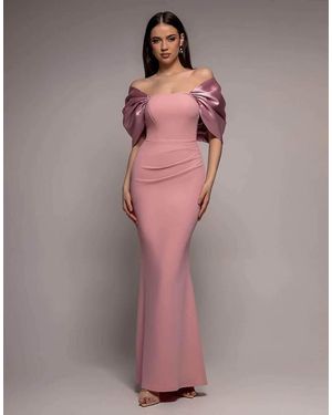 Goddiva Off Shoulder Back Satin Bow Maxi Dress - Pink