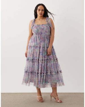 Lace & Beads Plus Bow Shoulder Shirred Ruffle Midi Dress - Purple