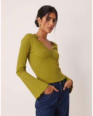 ASOS Rib V Neck Top With Lace Trim And Flared Sleeve - Green