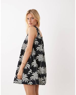 Vila Ruched Strap Palm Print Cami Mini Dress - White