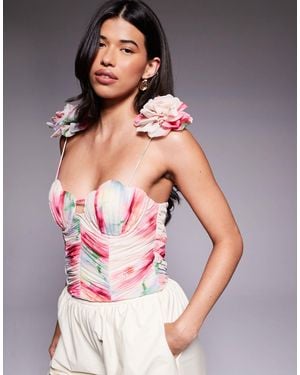 ASOS Ruched Corset Top With Flower Strap Detail - Pink