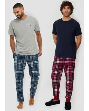 Threadbare 2-Pack Short Sleeve Top & Check Trousers Pyjama Sets - Blue